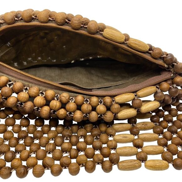 Vintage Wooden Beaded Clutch Small Fold Over Bag Purse Boho Bohemian Style - Picture 6 of 11